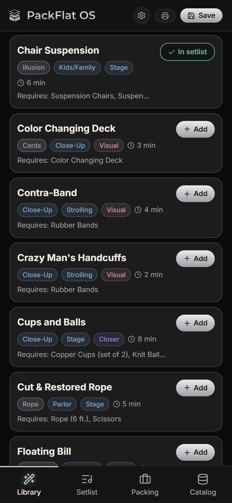 The PackFlat OS Library: a performer's own effects, each with colour-coded tags, running time and the props it needs, one of them already in tonight's setlist.