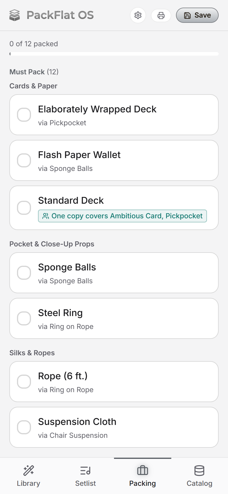The same packing list in Sunlight Mode: dark text on a light background for bright rooms and outdoor gigs.