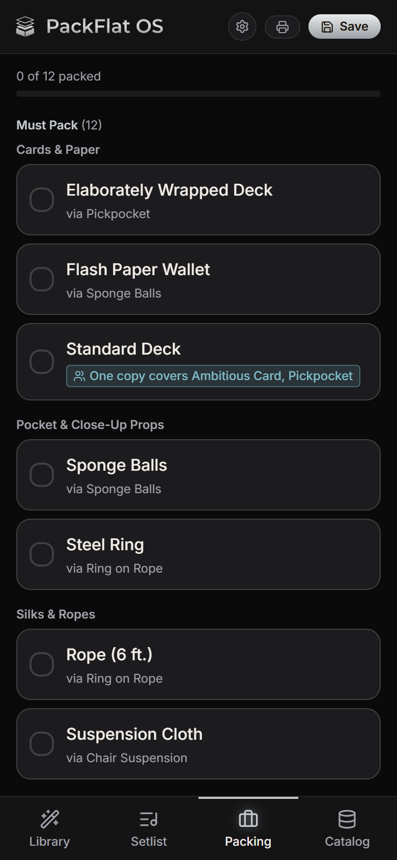 The packing list grouped into Cards & Paper, Pocket & Close-Up Props and Silks & Ropes, with one Standard Deck covering both Ambitious Card and Pickpocket.