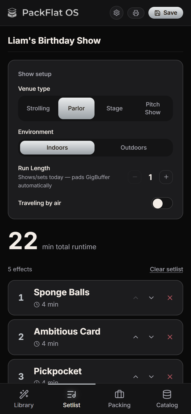 A show being built: venue type, a 22-minute total runtime, and a list of five effects in order.